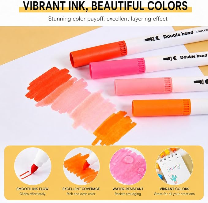 24 Colors Dual Tip Markers, Water Based Art Markers with Brush Tip and Fineliner Tip, Coloring Pens for Drawing, Coloring, Calligraphy, Journaling, Art Supplies for Adults and Kids