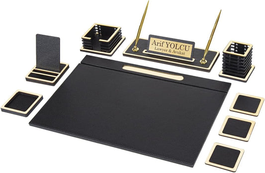Vesta Bonded Leather Executive Desk Set – 10-Piece Luxury Desk Organizer with Desk Mat, Name Plate, Pen Set & Office Accessories (Wood & Leather Design)