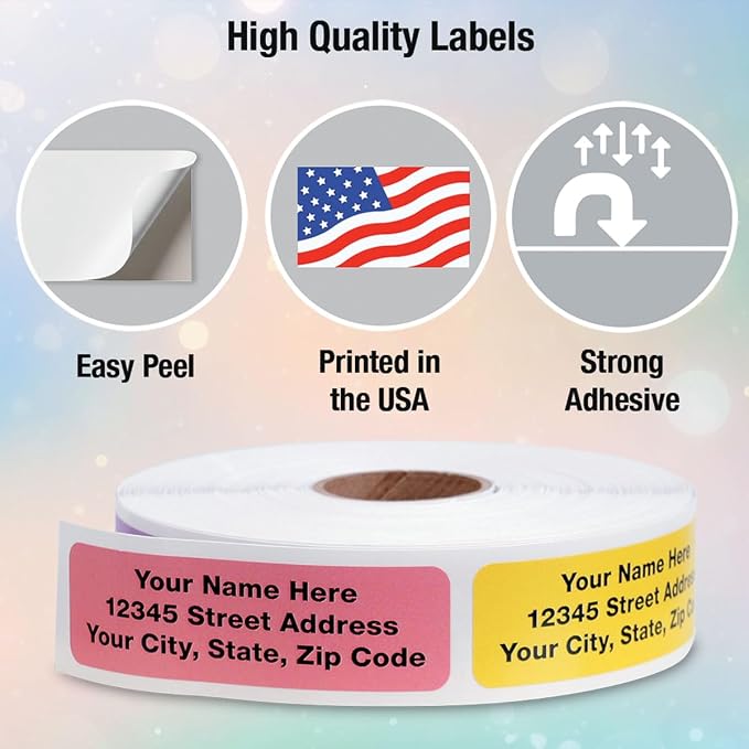 Colorful Images Pastel Multicolor Rolled Return Address Mailing Labels with Dispenser, Customize with Name & Shipping Address, 500 Self Adhesive, Easy Peel Sticker Label Roll, 3/4" x 2 1/2"