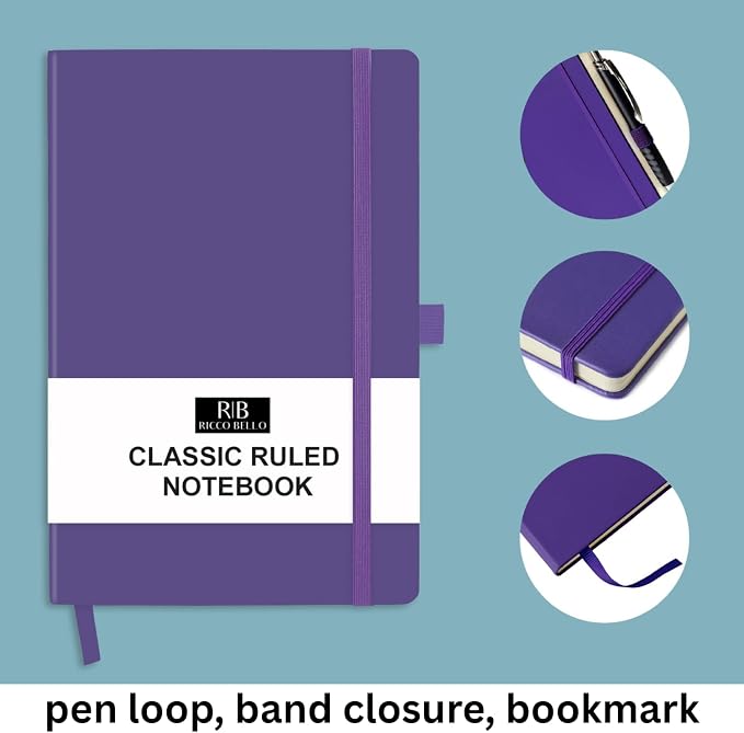 RICCO BELLO Lined Journal Notebook, Purple, 5.7 x 8.4-Inches | Faux Leather Hardcover, College Ruled, 96 Sheets / 192 Pages, Pen Holder, For Work & Notes