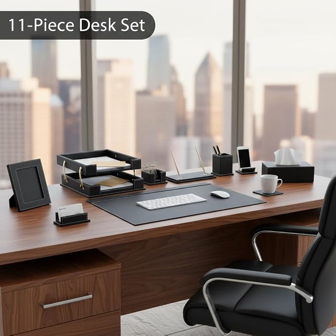 Leather Desk Set, 13-Piece All-in-One – Executive Desk Accessories & Office Supplies, Desk Organizer with Desk Pad & Blotter, 2-Tier Letter Tray, Luxury Office Desk Decor & Boss Gifts (Black)