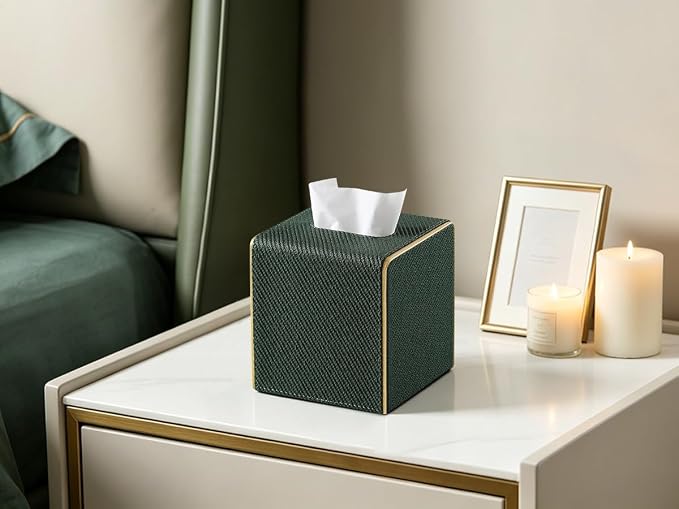 Square PU Leather Tissue Box Cover with Magnetic Closure, Decorative Tissue Holder & Storage Container for Bedroom, Living Room, Dining Room, Bathroom, Countertop, Desk (Square Dark Green Twill)