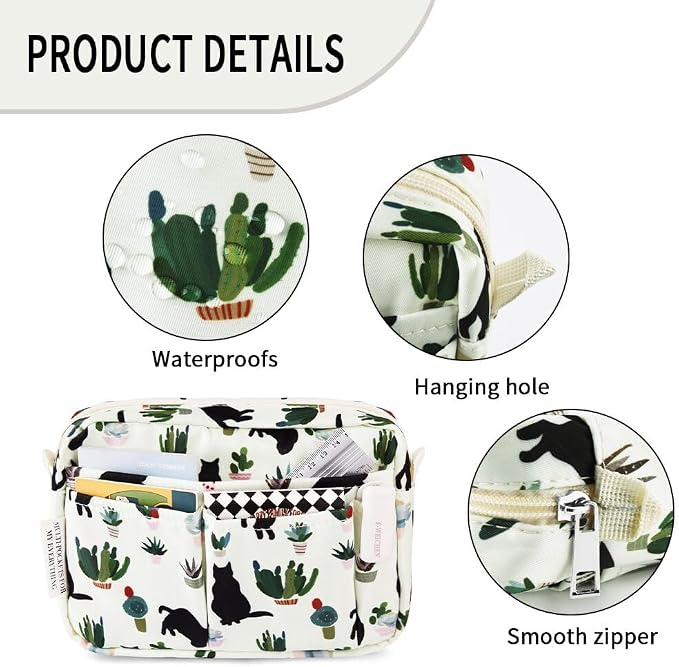 E-WEICHEN Multiple Pockets Portfolio Organizer with Zippered, Makeup Bag Travel Essentials for Women, Simple Waterproof Stationery Pencil Pouch Bag for Journal Office Art Supplies.White Black Cat