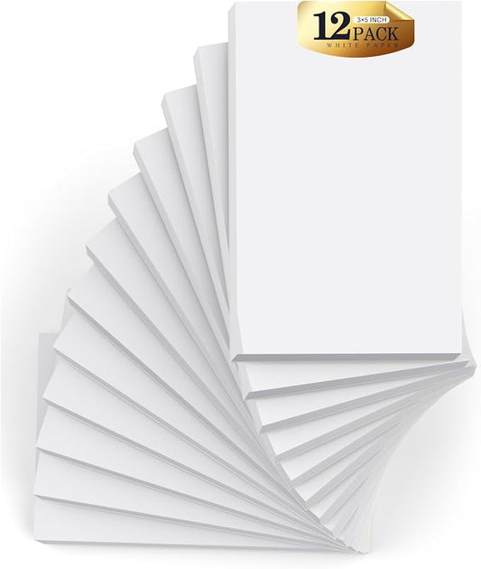Note Pads 3x5 Small Memo Pads, 12 Pack Server Note Pads, Scratch Pads 3x5, Mini Note Pad White Paper 3''x5'', 50 Sheets per Blank Notepads, Small Writing Pads for Office School Home Supplies