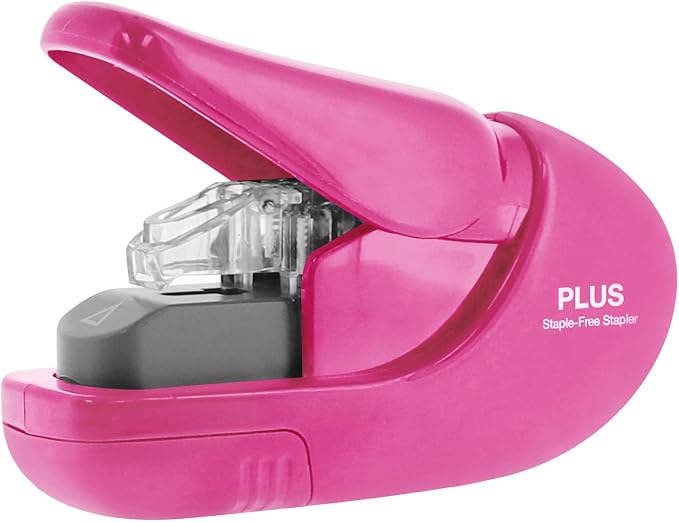 Plus Paper Clinch Compact Staple-Free Stapler, Heavy Duty, Pink