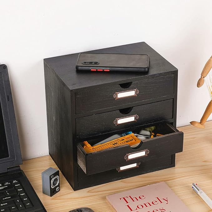 Small Wooden Drawers Wooden Box with Drawer Black | 4 Drawer Storage Box for Apothecary Cabinet, Apothecary Drawers，Desktop Organizer with Metal Handles for Office，Home