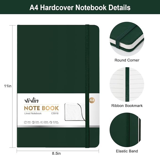 ViVin A4 College Ruled Notebook for Work, 8.5" x 11" Leather Hardcover Journal,192 Pages Professional Lined Notebook for Office & Business
