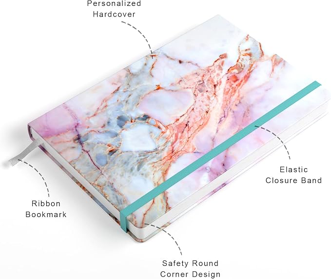 Lined Journal Notebook, Marble Hardcover, Medium 5.7 x 8.4 in, 160 Pages Thick Paper, Cute Aesthetic A5 College Ruled Notebook for Journaling Writing Work Office School Men Women, Pink Ink