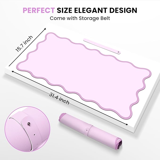 Leather Desk Mat, XXL Large 31.4x15.7in Scalloped Gaming Mouse pad，Non-Slip Rubber Base Keyboard Pad Mousepad for Laptop Computer Game Home Office，Waterproof and Oilproof Desktop Mat I Pink