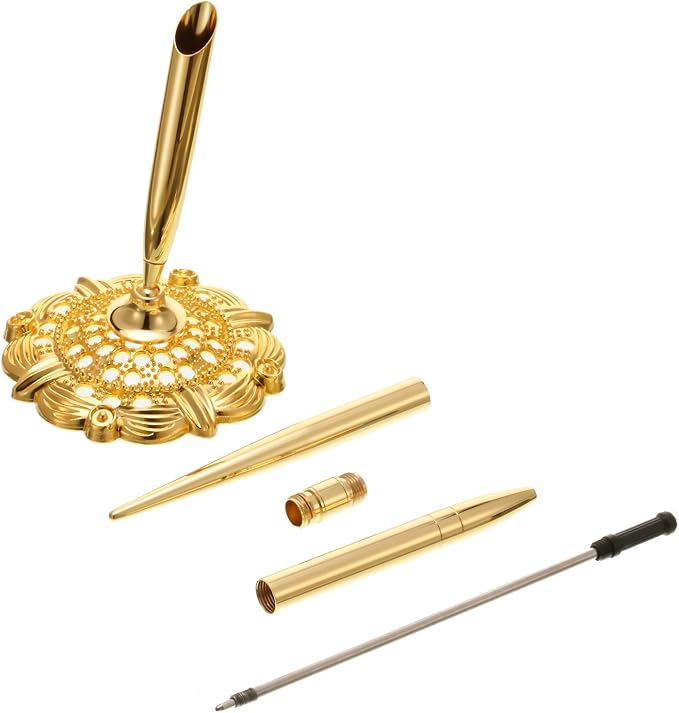 Outus 2 Pieces Wedding Pens for Guest Book Signing Pen with Metal Hollow Round Holder Stand Set for Wedding Bridal Engagement Reception Supplies(Gold)