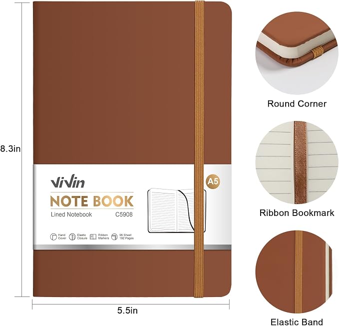 ViVin Lined Journal Notebooks,3 Pack,192 Pages,Medium 5.5 x 8.3 inch,College Ruled,A5 Hardcover Notebooks,Journaling Notebooks for Professional Office Work,Writing, School