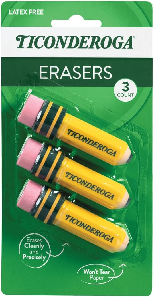 Ticonderoga Pencil Shaped Erasers, 3 Erasers/Pack, 12 Packs | Yellow, 0.75" x 2.875", #38953