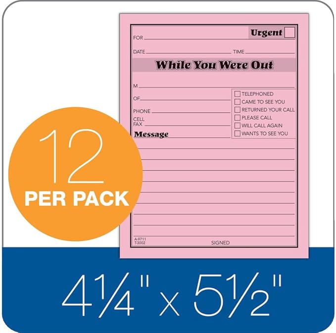 TOPS While You Were Out One-Sided Note Pads, 4.25 x 5.5 Inches, Pink, 50 Sheets per Pad, 12 Pads per Pack (3002P)