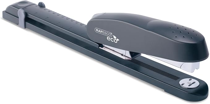Rapesco 1281 ECO Long Reach Stapler with 10.000 Staples, Type 26 Standard 5/16", 50 Sheet Capacity, Front Loading, Full Strip, Uses Type 26 Standard and Type 24 High-Capacity Staples, Charcoal | Heavy-Duty, Includes 10,000 Standard 5/16" Staples, Rotat...