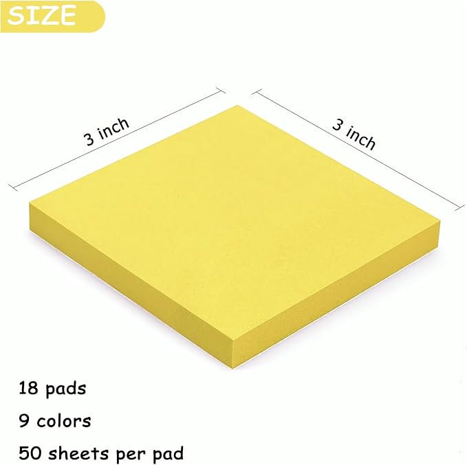 Sticky Notes, Sticky Notes 3x3 Large 18 Pads 9 Colors Self-Stick Stickies Note Pads 50 Sheets Teacher Back to School Supplies and Oﬃce Products