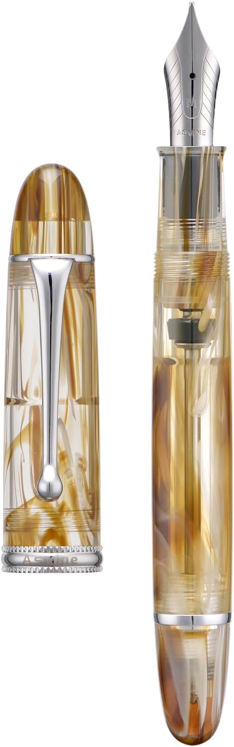 Asvine V800 Fountain Pen – Vacuum Filling System with Large Ink Capacity – Smooth Number 8 Extra Fine Nib with Gift Case and Wrench- Brown White