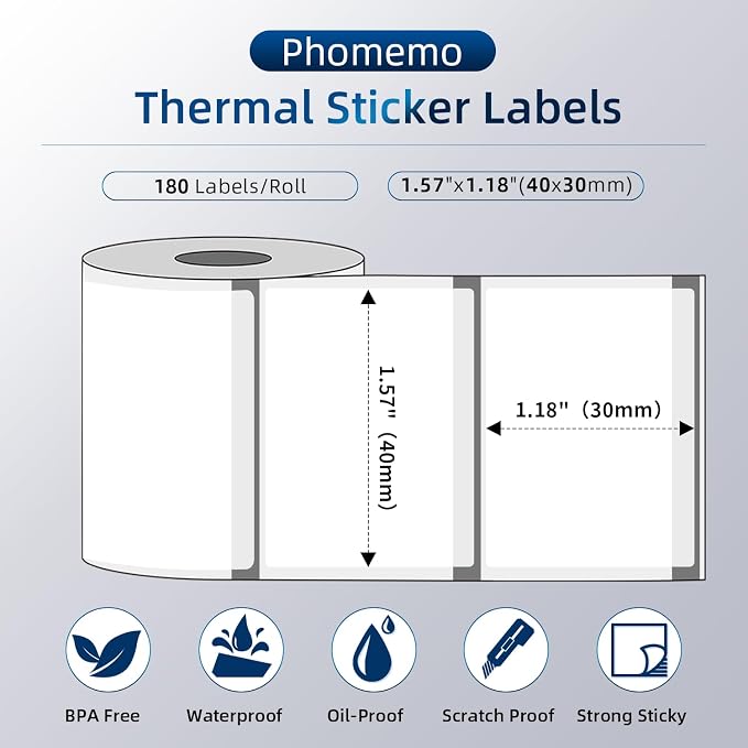 Phomemo Transparent Thermal Label Paper, 1.57"x1.18" (40x30mm), 230 Labels/Roll, Round, Multi-Purpose, Clear