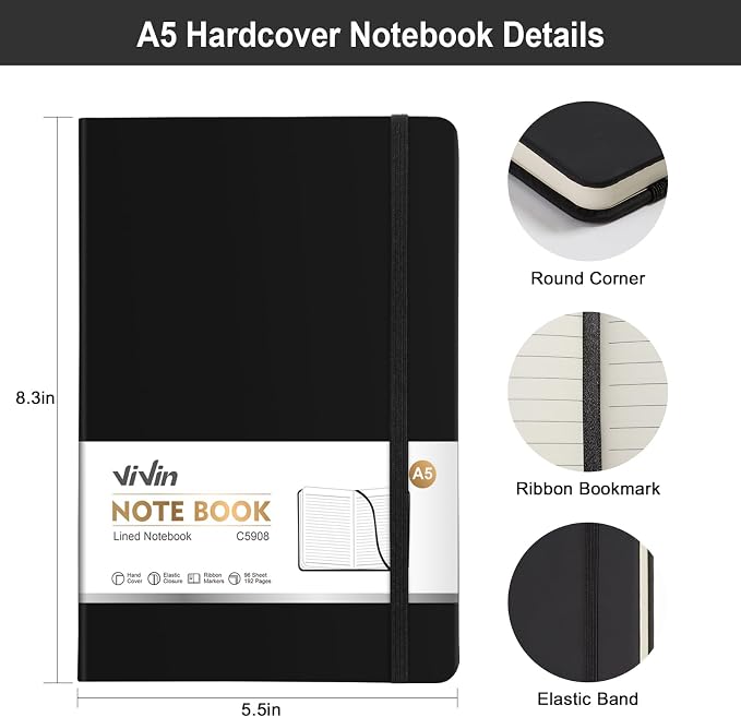 ViVin Lined Journal Notebooks for Professional Office Work,192 Pages,Medium 5.5 x 8.3 inch,College Ruled,A5 Hardcover Journaling Notebooks for Writing,24 Pack Bulk