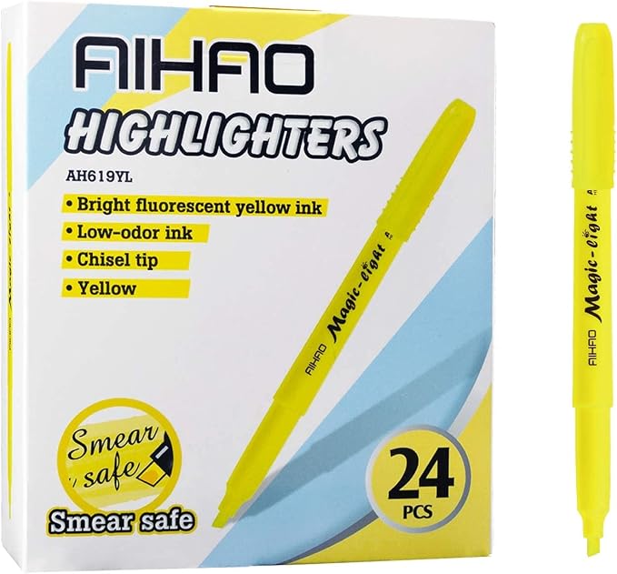 AIHAO Yellow Highlighters Markers, Chisel Tip Highlighter Pens, Pocket-Style, Fluorescent Yellow, 24 Pack