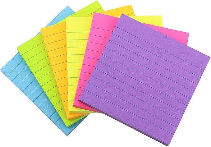 Early Buy Lined Sticky Notes 3x3, 6 Bright Colors, 6 Pads, 100 Sheets/Pad | 6 Bright Colored Lined Sticky Pads, Self-stick Repositionable Design, Great for lists, Memos, and Daily Organization