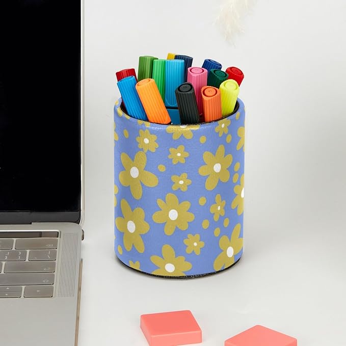 Yellow Flowers Leather Pen Holder for Desk, Multifunctional Desktop Organizer Pencil Cup, Desktop Caddy Stationery Organizer for School Home Office Desk Accessories