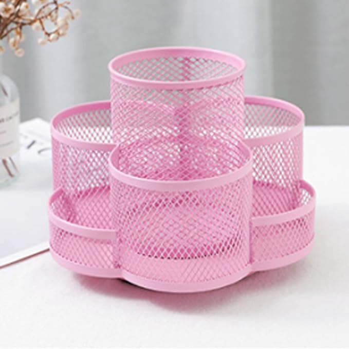 360 Rotatable Metal Mesh Desktop Pen Holder Pencil Holder Pencil Organizer Stationery Organizer Pen Pot Makeup Brush Organizer for Home School Office (Pink)