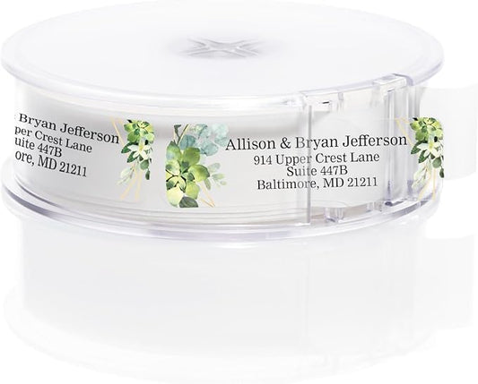 Clear Floral Greenery Rolled Address Labels / 250 Personalized Return Address Labels/Custom Address Stickers in Elegant Plastic Dispenser Greenery