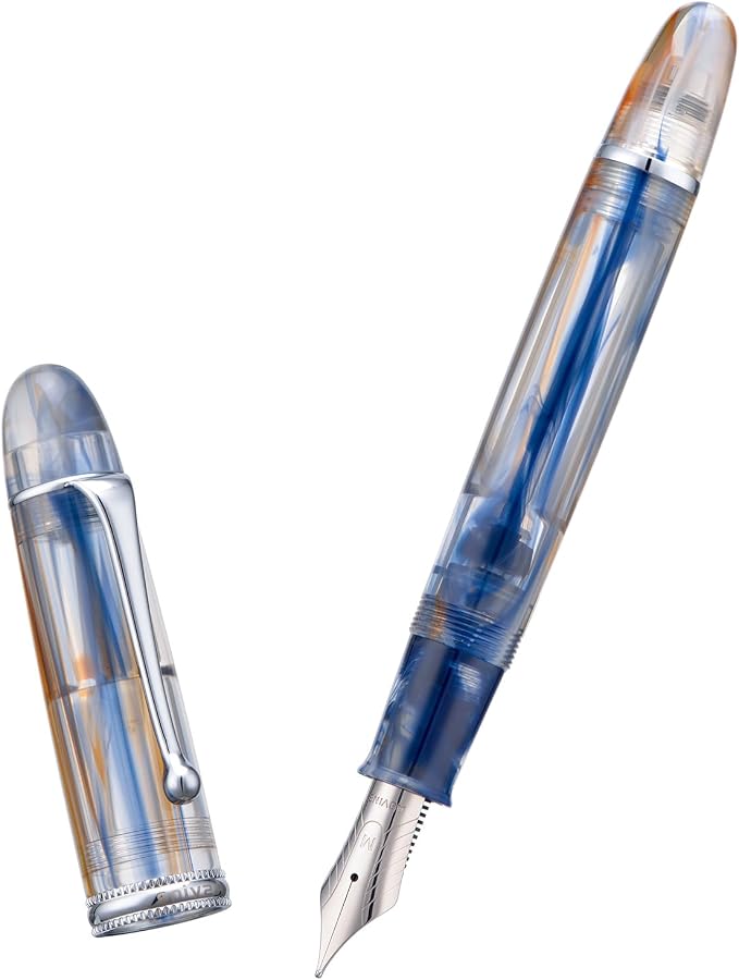 Asvine V800 Fountain Pen – Vacuum Filling System with Large Ink Capacity – Smooth Number 8 Fine Nib with Gift Case and Wrench – Blue Brown