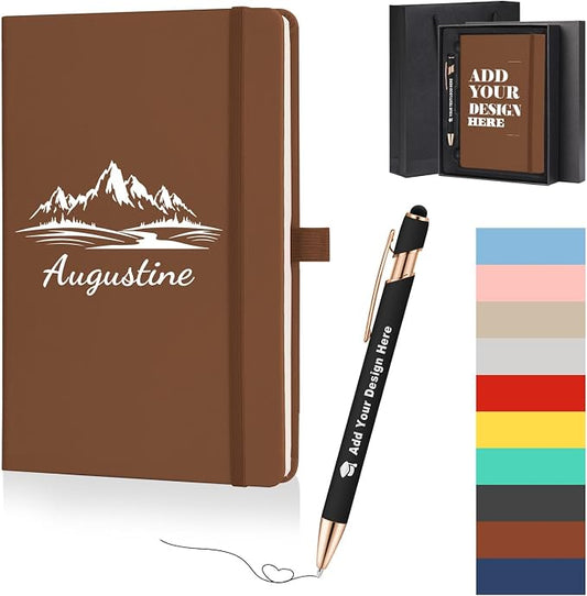 ENOMY Personalized A5 Notebook Gift Set with Custom Pen PU Leather Journal Box, Brown