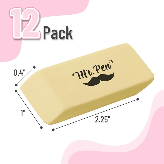 Mr. Pen- Pencil Eraser, 12 Pack, Yellow | Large Latex Free Block Erasers for School, Office, Art Sketching, Homework, Exams, Clean Smudge-Free Correction