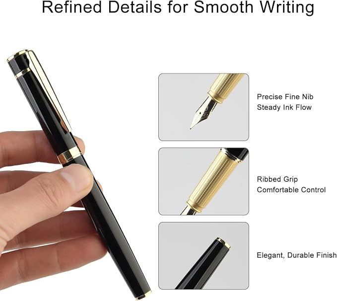 Fountain Pen Set, Elegant Executive Fine Nib Pen with Ink Converter, Refill Tool, Black & Assorted Cartridges, Bottled Ink, Gift for Journaling, Writing, Office and Beginners (Black & Gold)