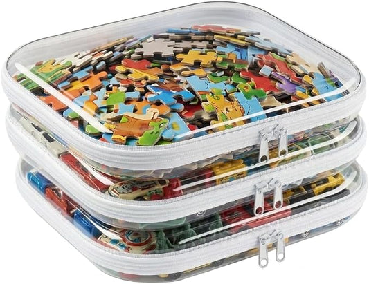 3 Pcs Large Clear Hard Shell Zipper Case, 1.3mm Heavy Duty Plastic File Box | Puzzle Storage Organizer, Board Game, Toy, Craft and Art Supply Organization