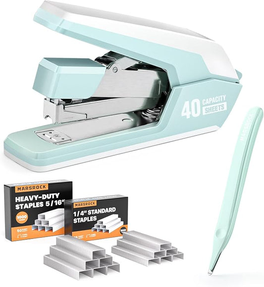 Marsrock Effortless Stapler for Desk with 40-50 Sheet Capacity, 2000 Staples, 1-Touch Stapling, Easy to Load Desktop Staplers, Heavy Duty Stapler, Magnetic Staple Remover, School Supplies, Green