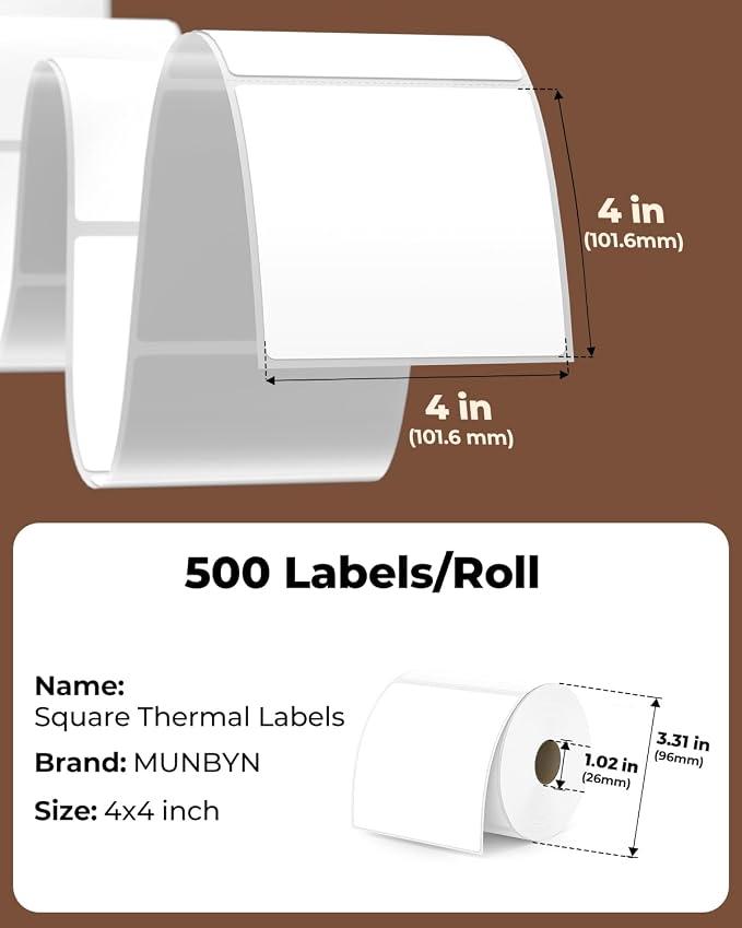 MUNBYN 4x4 Thermal Labels, 500 Sheets/Roll, White | Strong Adhesive & Perforated, Non BPA&BPS for Small Business, Shipping Postage Bakery