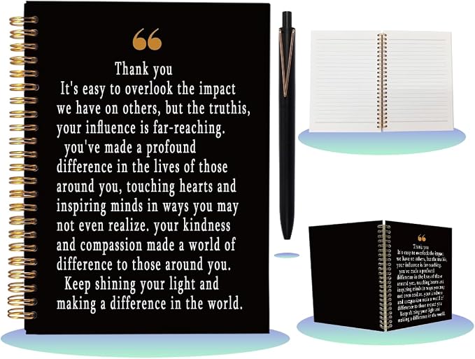 Thank You Gifts for Mentor Leader - Inspirational A5 Spiral Notebook & Pen Set, Appreciation Gift for Coworker Leaving, Teacher Retirement Journal, 80 Sheets College Ruled, Black & Gold