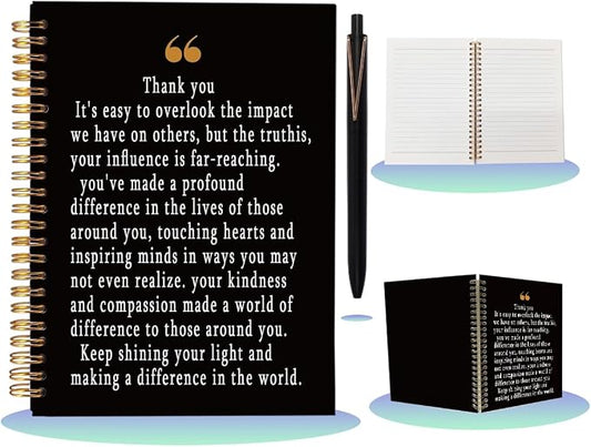 Thank You Gifts for Mentor Leader - Inspirational A5 Spiral Notebook & Pen Set, Appreciation Gift for Coworker Leaving, Teacher Retirement Journal, 80 Sheets College Ruled, Black & Gold