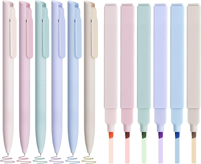 Bible Highlighters and Pens No Bleed, Cute Aesthetic Highlighters Pastel Gel Pens Colored Ink Quick Dry for Bible Journaling, Morandi Pens and Highlighters Set School Supplies, 12 Pack
