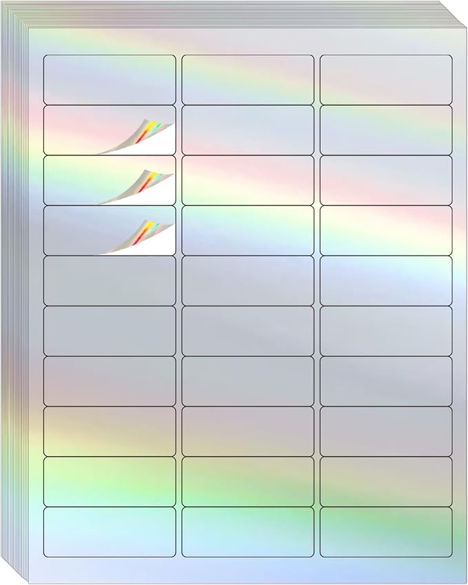 1" x 2-5/8" Address Labels- Holographic Color Stickers for Laser/Ink Jet Printer mailing Labels 8.5"×11"- Holographic Silver/ 20 Sheet