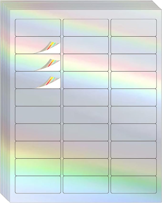 1" x 2-5/8" Address Labels- Holographic Color Stickers for Laser/Ink Jet Printer mailing Labels 8.5"×11"- Holographic Silver/ 20 Sheet
