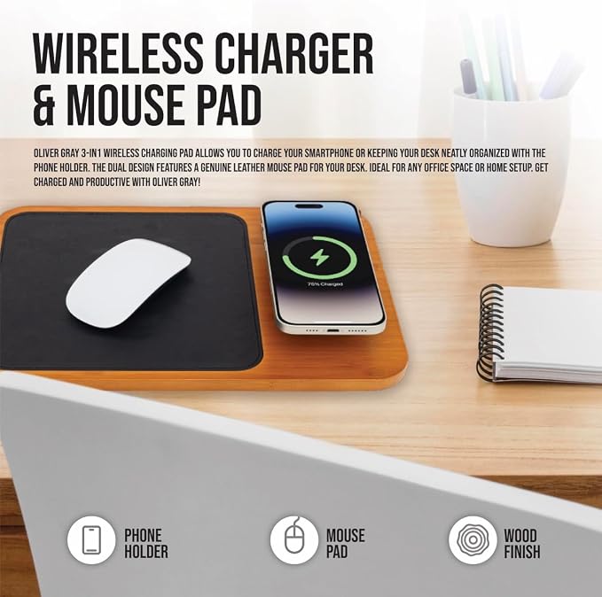 Oliver Gray Mousepad with Wireless Charger - 3-in-1 Wooden Wireless Charging Station & Phone Holder, Premium Vegan Leather Desk Charger Mat for iPhone, Android