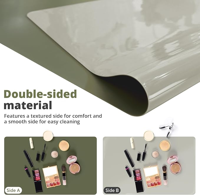 LovePads Makeup Mat for Vanity, 14 x 24 Dual-Sided Desk Pad & Vanity Cover Top, Waterproof PVC Protector Mat for Dresser, Nail Art, Craft Table (Green+Grey)