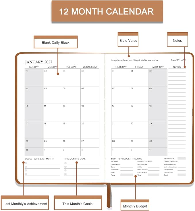 2027 Planner - Christian Planner 2027, JAN. 2027 - DEC. 2027, 5.7" x 8.4" | 2027 Weekly Monthly Planner with Stickers, Daily Bible Planner 2027, Pen Holder, Back Pocket, Leather Hardcover - Brown
