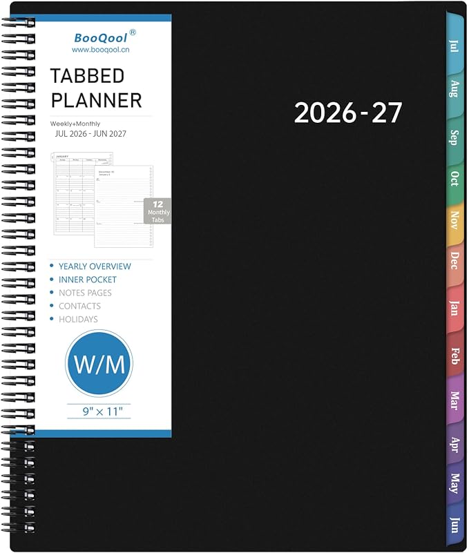 Planner 2026-2027 – Academic Planner 2026-2027, 9" x 11", Large, July 2026 – June 2027, Weekly and Monthly Planner, 12 Monthly Tabs, Strong Twin-Wire Binding, Inner Pocket, Hardcover, Black