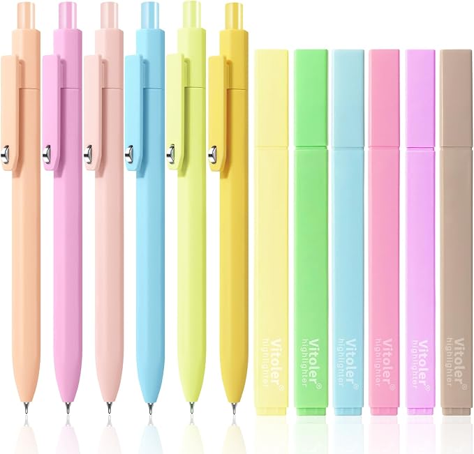 Piochoo Highlighters and Black Pens Set,6Pcs Pastel Highlighters Assorted Colors,6 Pack 0.5mm Cute Gel Pens for Women Nurse Office School Supplies