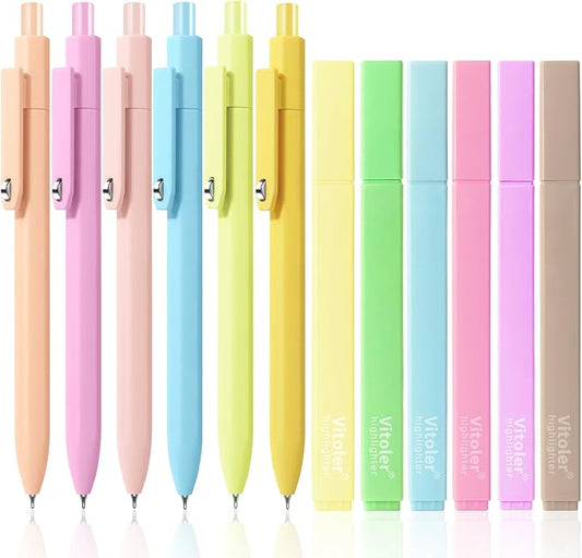 Piochoo Highlighters and Black Pens Set,6Pcs Pastel Highlighters Assorted Colors,6 Pack 0.5mm Cute Gel Pens for Women Nurse Office School Supplies