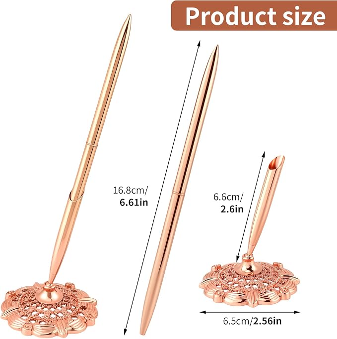 2 Pcs Gold Bridal Shower Pens for Guest Book with 360° Rotating Metal Pen Holder, Wedding Guest Book Signing Pen Set, Durable Metal Ballpoint Pens for Reception Table Decor