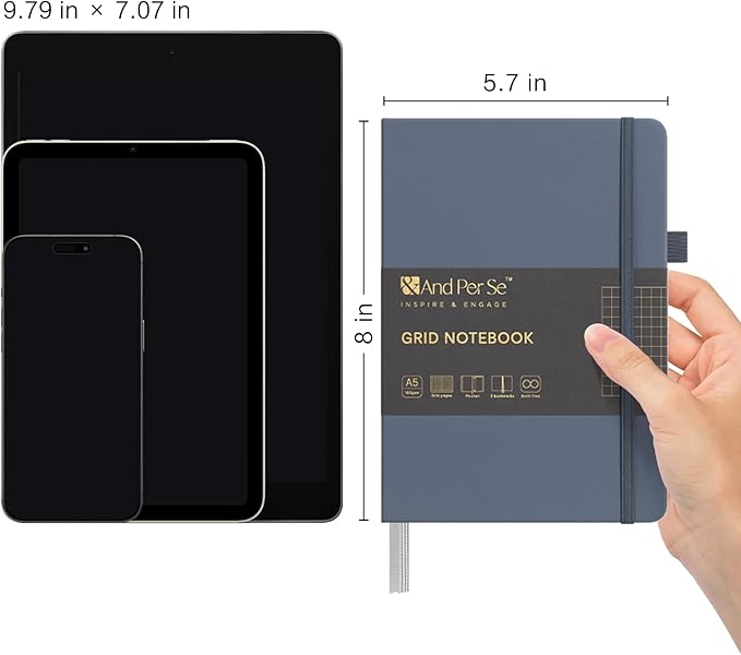 &And Per Se Graph Notebook, 5mm Grid, A5 Hardcover, 160 Pages 100gsm Thick Paper, Grid Journal for Diagrams, Wireframes, CAD Sketches (Dark Blue)