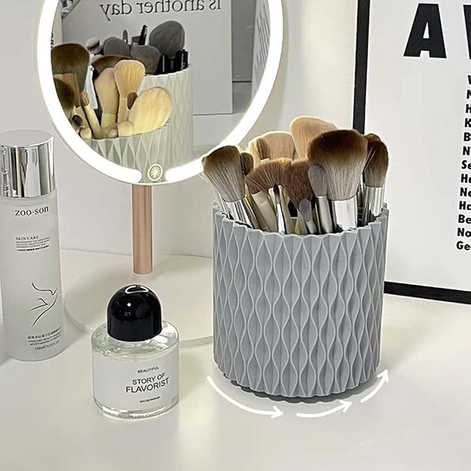 OWLFAVO Rotate Desk Organizer, Spinning Pen Holder Stationery, 360-Degree Pencil Accessories Storage Caddy Tray for College, Home, Office, Makeup Brush, 5 Compartments, Gray