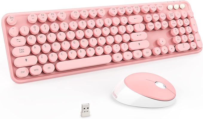 Kootop Cute Wireless Keyboard and Mouse Combo for PC Laptop Desktop Pink | Cute pink Colorful Typewriter Retro Round Keycaps 104 keys for PC Laptop,Desktop,Windows,