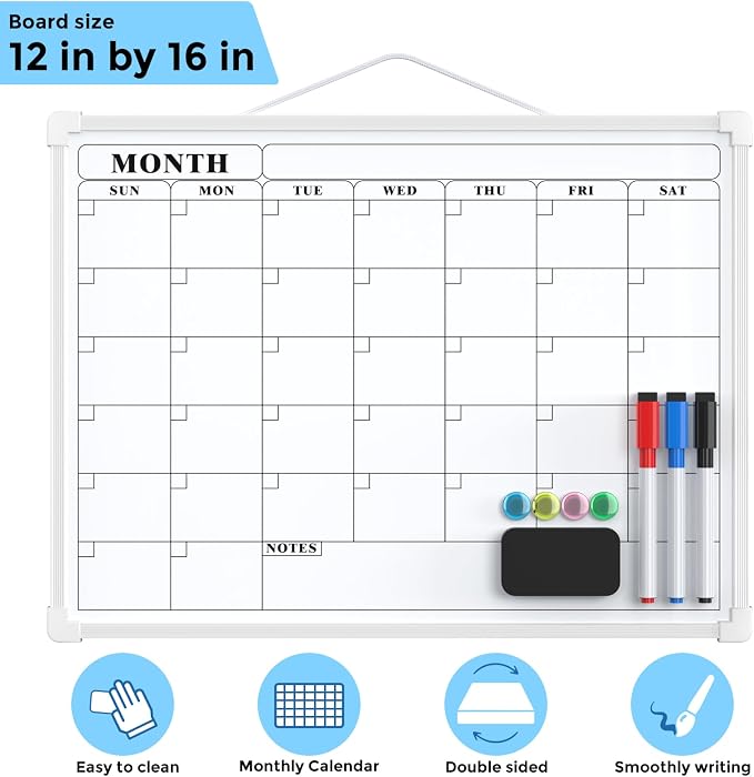 MaxGear Monthly Calendar Dry Erase Board for Wall, 16"x12", White Frame | Double-Sided, Hanging Small White Board, Portable Whiteboard for Planning, Drawing, Memo, to Do List, Home, Kitchen, Office